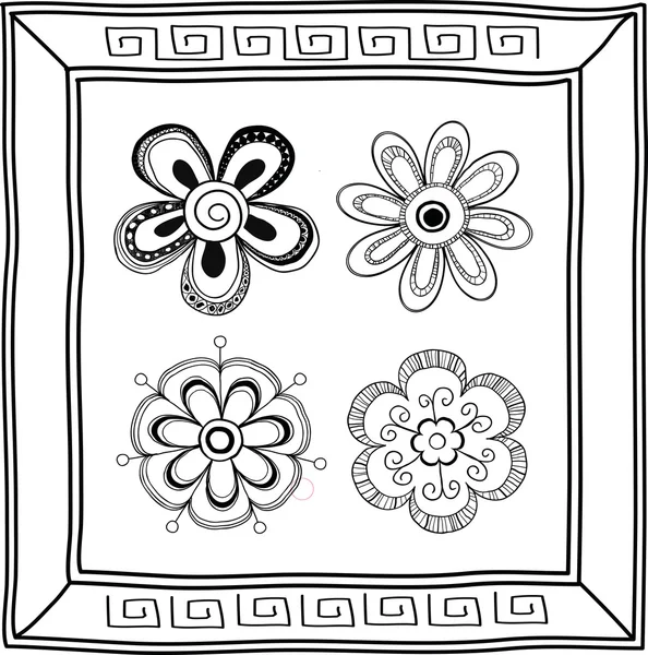 Set of doodle hand-drawn flowers and frame — Stock Vector