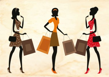 bir kadın bir vintage kağıt arka plan üzerinde alışveriş Silhouettes