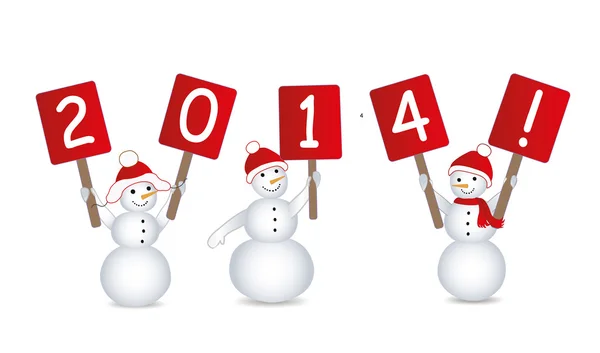 Snow mans with billboards and inscription "2014" on them — Stock Vector