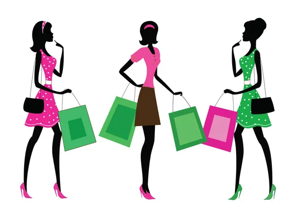 Trois silhouettes d'une femme faisant du shopping, style vintage — Image vectorielle