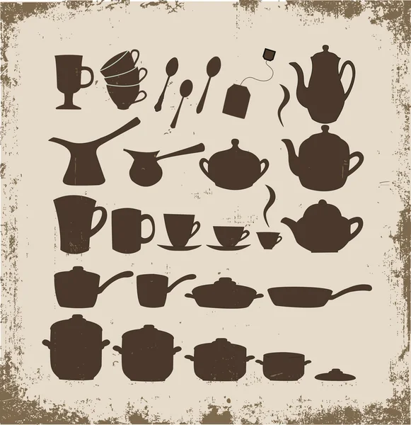 Juegos de té, café y macetas — Vector de stock