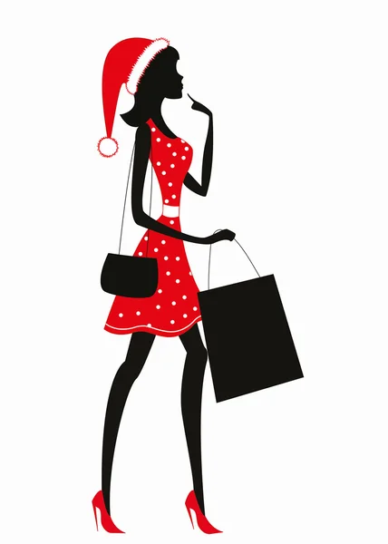 Woman shopping with Christmas hat on her head. — Stock Vector