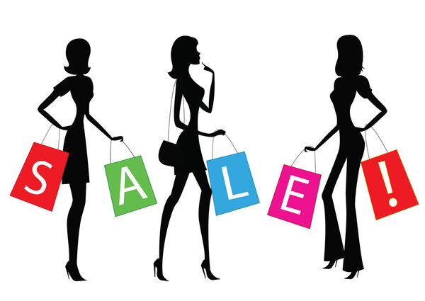 Женщины ходят по магазинам со словом "ПРОДАЖА" на сумках
.