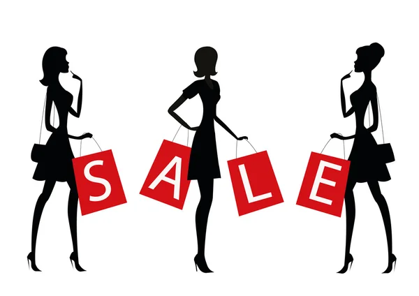 Γυναίκες για ψώνια με την λέξη "πώληση" στις τσάντες τους. — Διανυσματικό Αρχείο