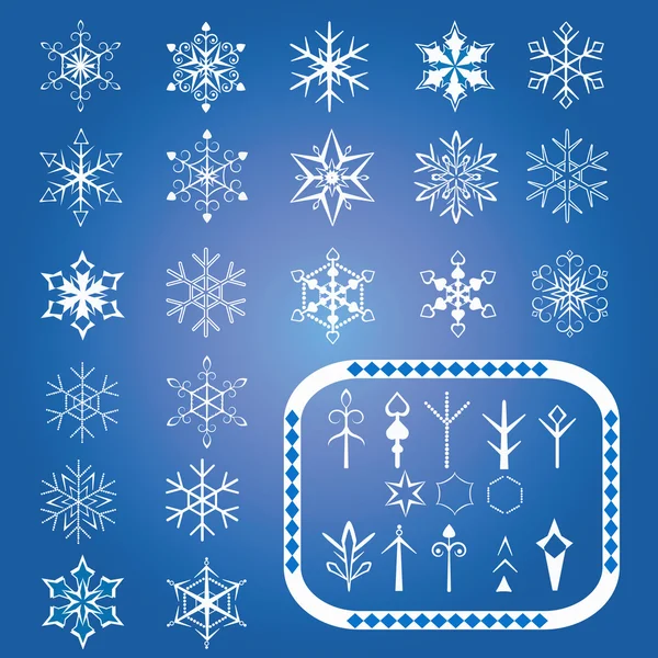 Aantal sneeuwvlokken en de elementen maken nieuwe sneeuwvlokken — Stockvector