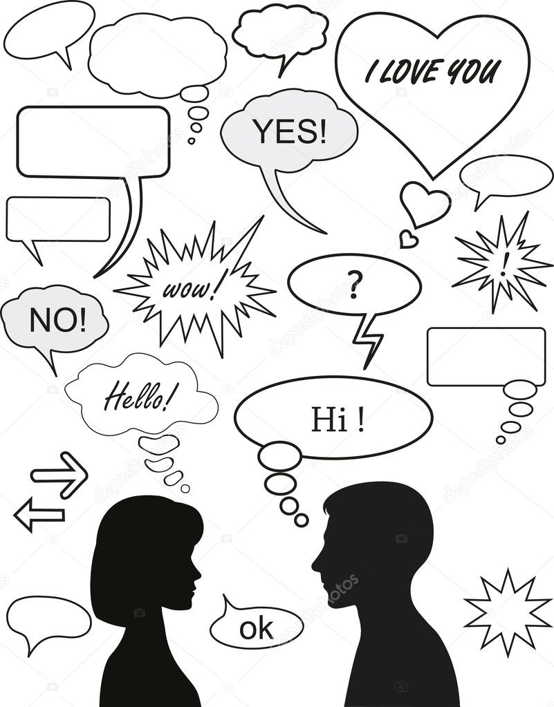 Set of dialog bubbles and two silhouettes