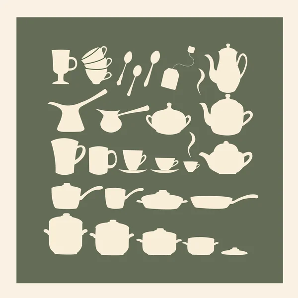 Наборы чая, кофе и горшков на ретро-фоне — стоковый вектор