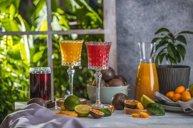 İki zarif mango, kumkat ve passiflora likörü açık gri masa yüzeyinde güneşli bir ışıkla. Taze kokteyl içecekler