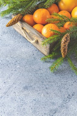 Noel ve yeni yıl arkaplanı, ahşap kutuda mandalinalar ve açık gri arka planda hala kış kozalakları olan bir köknar dalı. Seçici odak, metin için alanı kopyala.
