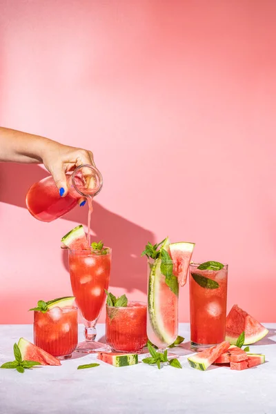 Different Elegant Glasses Watermelon Cocktail Light Gray Table Surface Women — Stockfoto