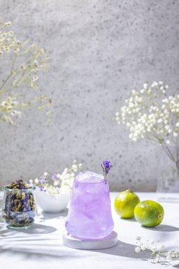 Lavender Gin and Tonic Punch Cocktail. Elegant glass filled with violet cocktail or mocktails surrounded by ingredients, lavender and white gypsophila flowers on light gray table surface. Ready for drinking.
