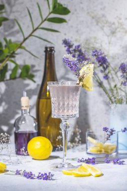 Zarif bir bardak köpüklü lavanta kokteyli ya da gri masa yüzeyindeki malzemelerle çevrili kokteyller. İçecekleriniz hazır..