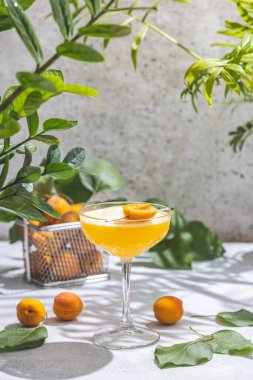 Zarif bir bardak kayısı kokteyli ya da içeceklerle çevrili kokteyller ve gri masa yüzeyinde içilmeye hazır taze meyveler.
