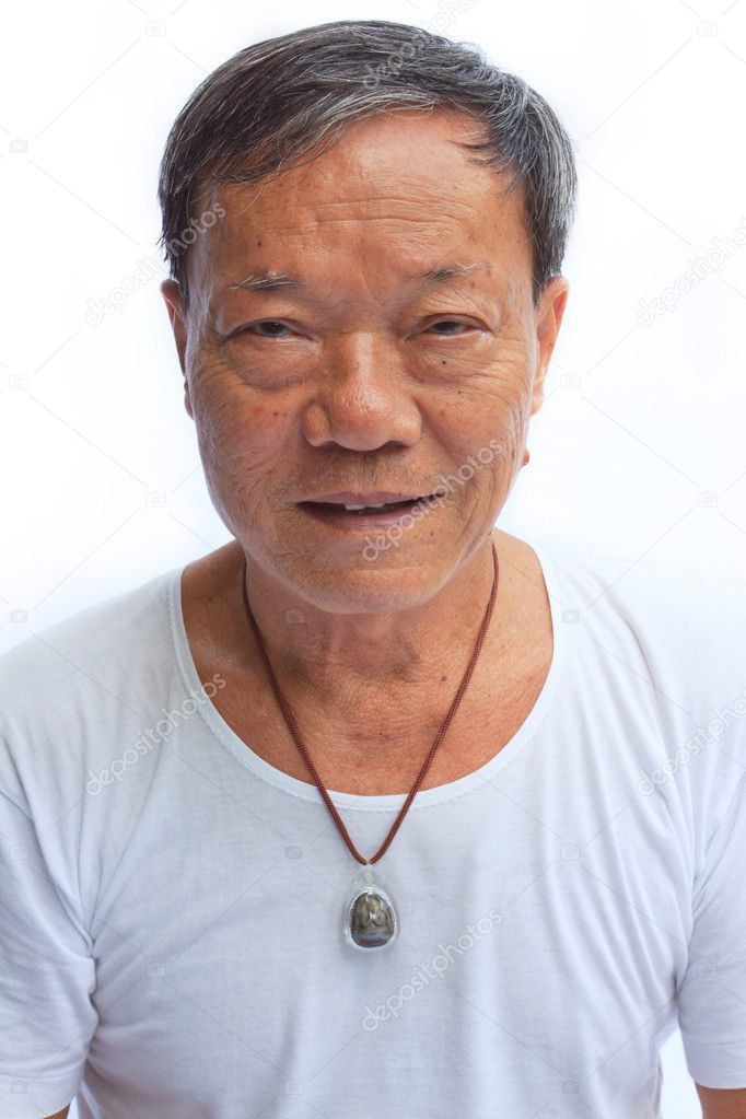 Old man wearing a neckless of a buddha statue