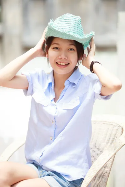 Face of asian woman wearing cowboy hat — Stock Photo, Image