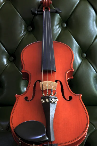 Скрипка на кожаном диване — стоковое фото