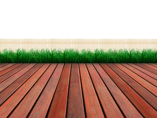Holzterrasse mit Baumpflanzzaun als Hintergrund — Stockfoto