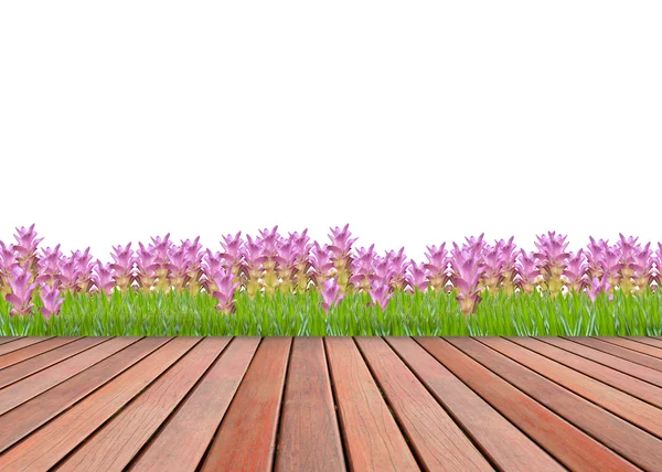 Wood terrace and flower garden — Stock Photo, Image