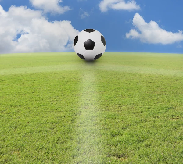 Voetbal voetbal en groen grasveld van stadion — Stockfoto