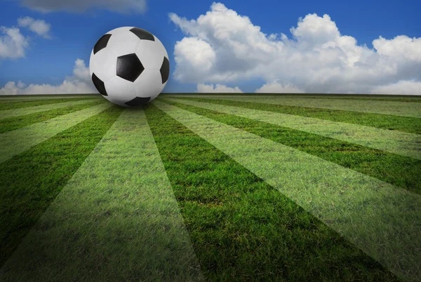 Soccer football on green grass of stadium — Stock Photo, Image