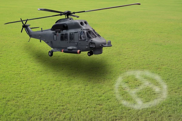 Helicopter lands on green field — Stock Photo, Image