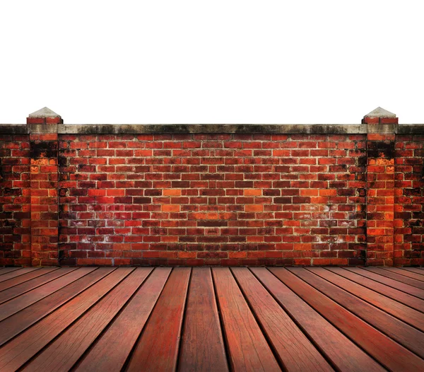Old brick wall wood terrace with blue sky backgrund — Stock Photo, Image