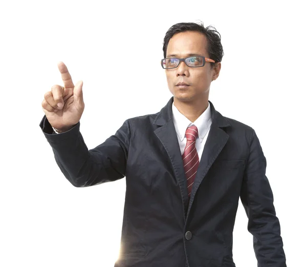Νέος Ασιατικός επιχειρησιακός άνθρωπος δείχνει από το δεξί χέρι δάχτυλο απομονωθεί — Φωτογραφία Αρχείου
