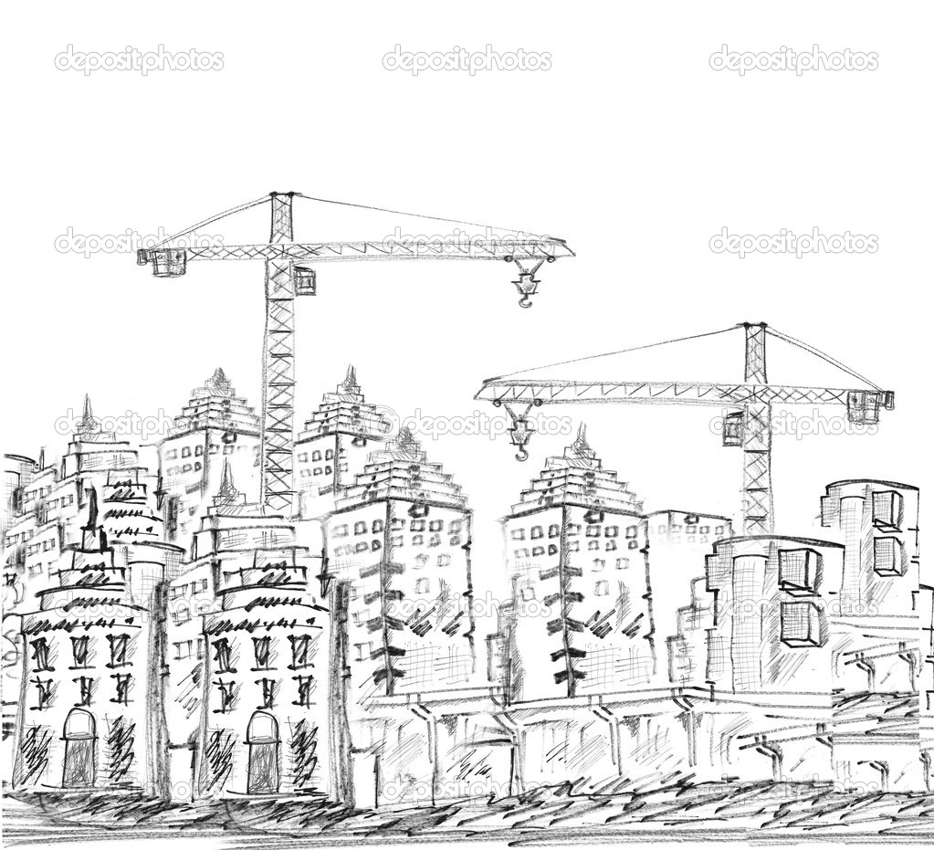 sketching of modern building and construction
