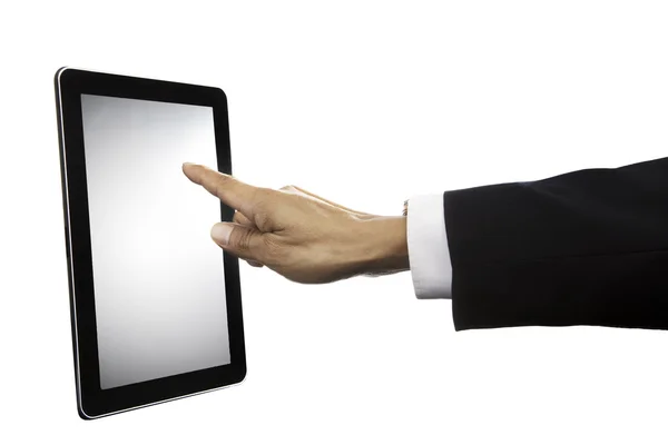 Dokunarak tablet ekran üzerinde beyaz izole iş adamın elini — Stok fotoğraf