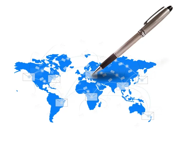 Pen writing letter on world map — Stock Photo, Image