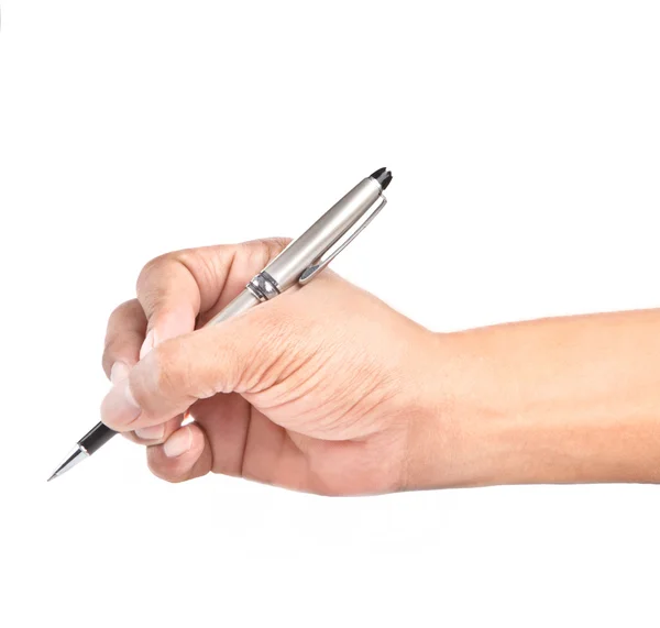 Hand mit Luxus-Stift isoliert auf weiß Stockfoto