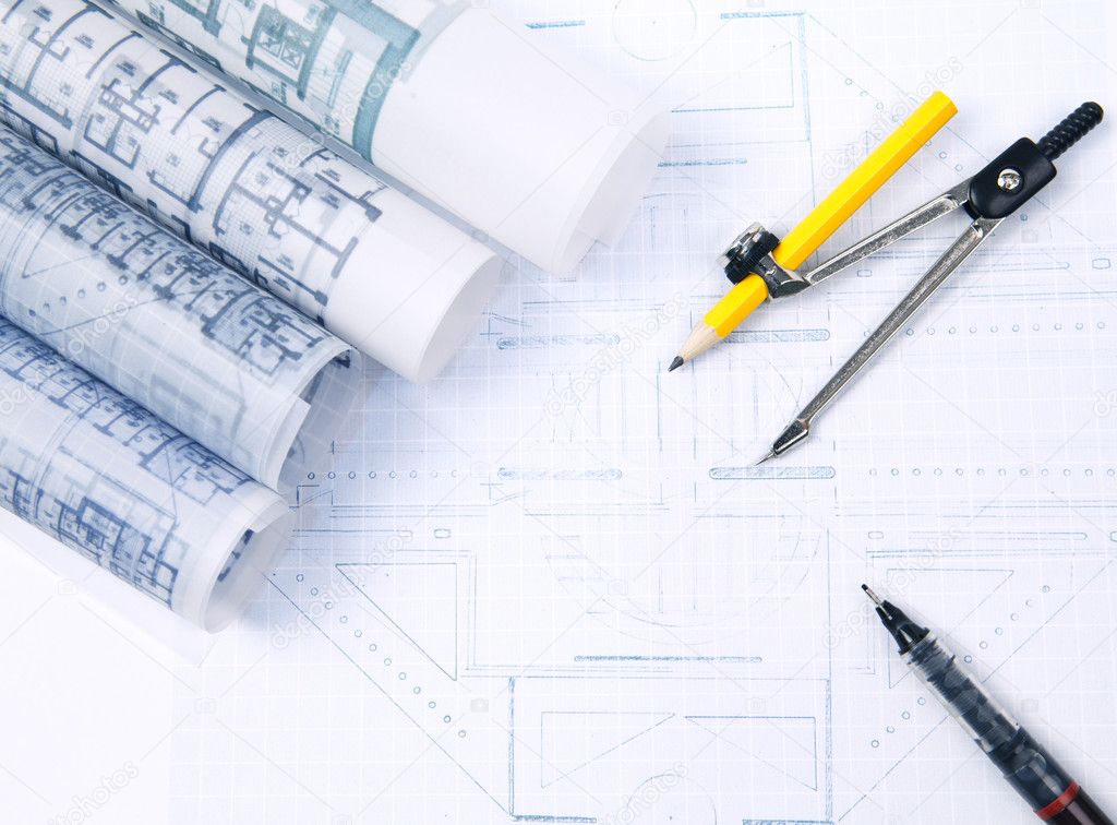 architecture plant on working table with pen and circle compass