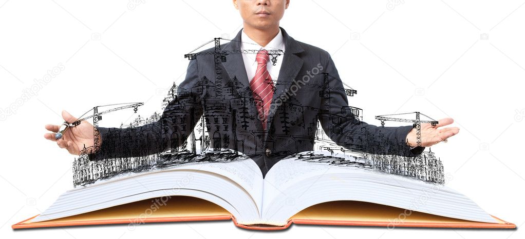 man and open book with building construction on white