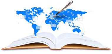açık bir kitap ve kalem yazı ile Dünya Haritası