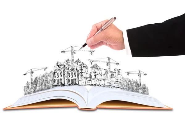 Hand van zakenman schrijven op het schetsen van de bouw van constructi — Stockfoto