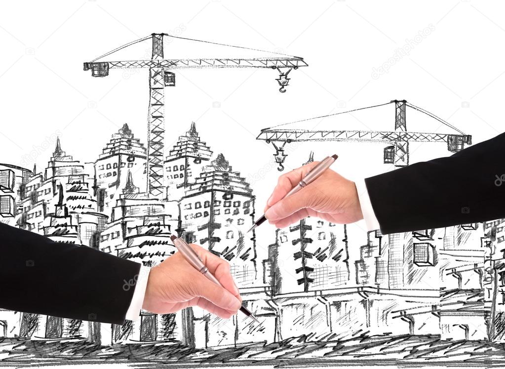 hand of businessman writing on skitching of building constructio