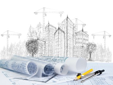 sketching of modern building construction and plan document clipart