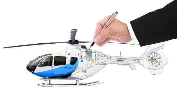 Hand av business man skriva på helikopter — Stockfoto