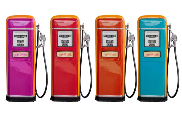 Several color of old classic oil distributor in gasoline station — Stock Photo, Image