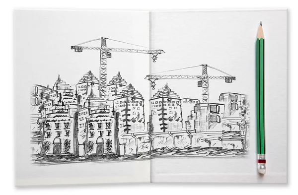 Building construction sketching by pencil on white book — Stock Photo, Image