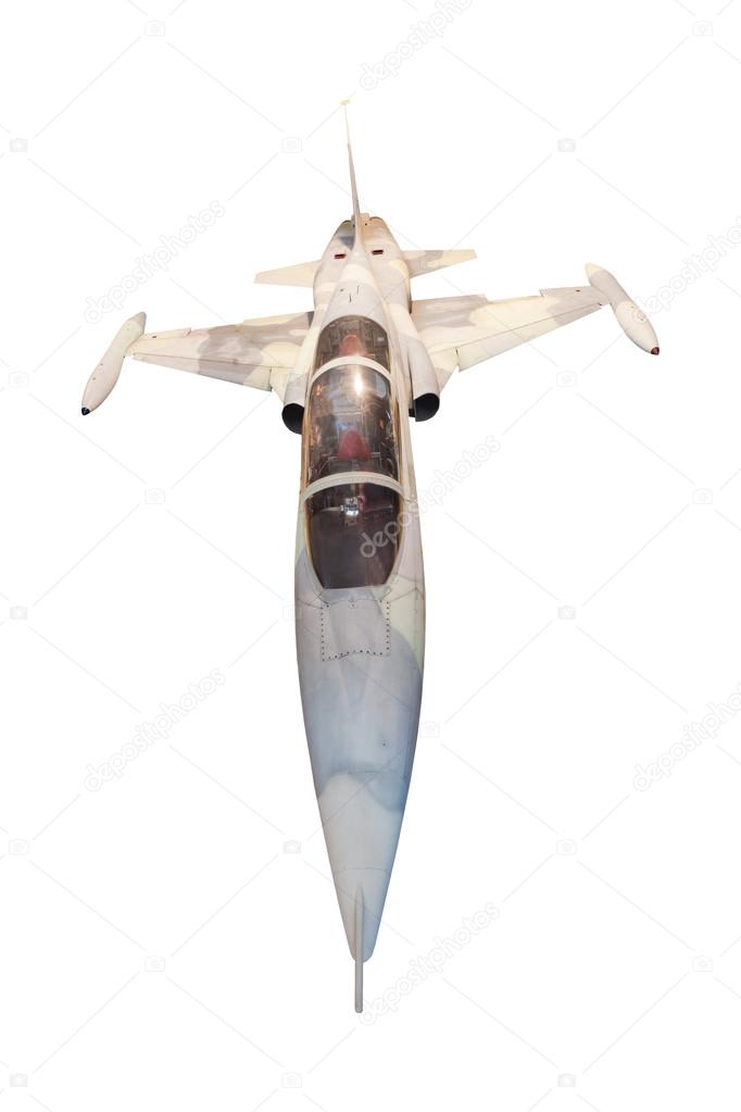 Top front view of military jet plane isolated white