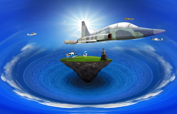 Young man standing on floating island with air plane flying abov — Stock Photo, Image