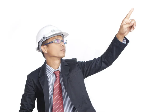 Engineer man pointing isolated white — Stock Photo, Image