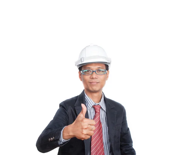 Arquitecto con casco de seguridad blanco aislado en blanco — Foto de Stock