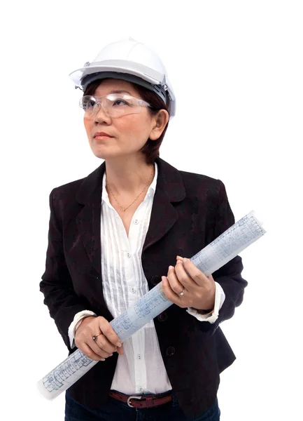 Female architect wearing safety helmet and safety glasses — Stock Photo, Image