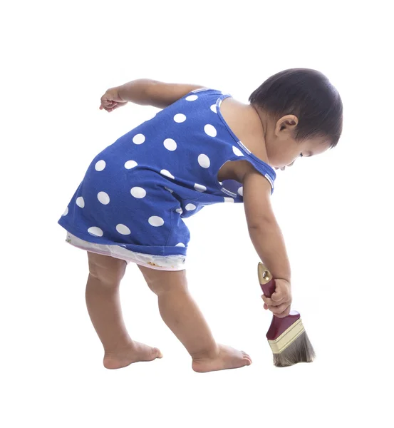 Baby painting color brush on floor isolated white background — Stock Photo, Image