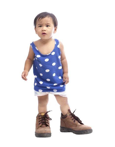 Baby wearing safety shoe isolated white — Stock Photo, Image