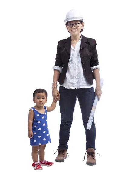 Inżynier kobieta z dzieckiem stojący obok białego na białym tle na — Zdjęcie stockowe