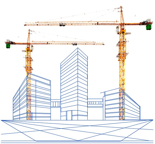 Crane and two point perspective of building in construction — Stock Photo, Image