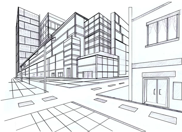 Two point perspective sketching plan of out door building — Stock Photo, Image